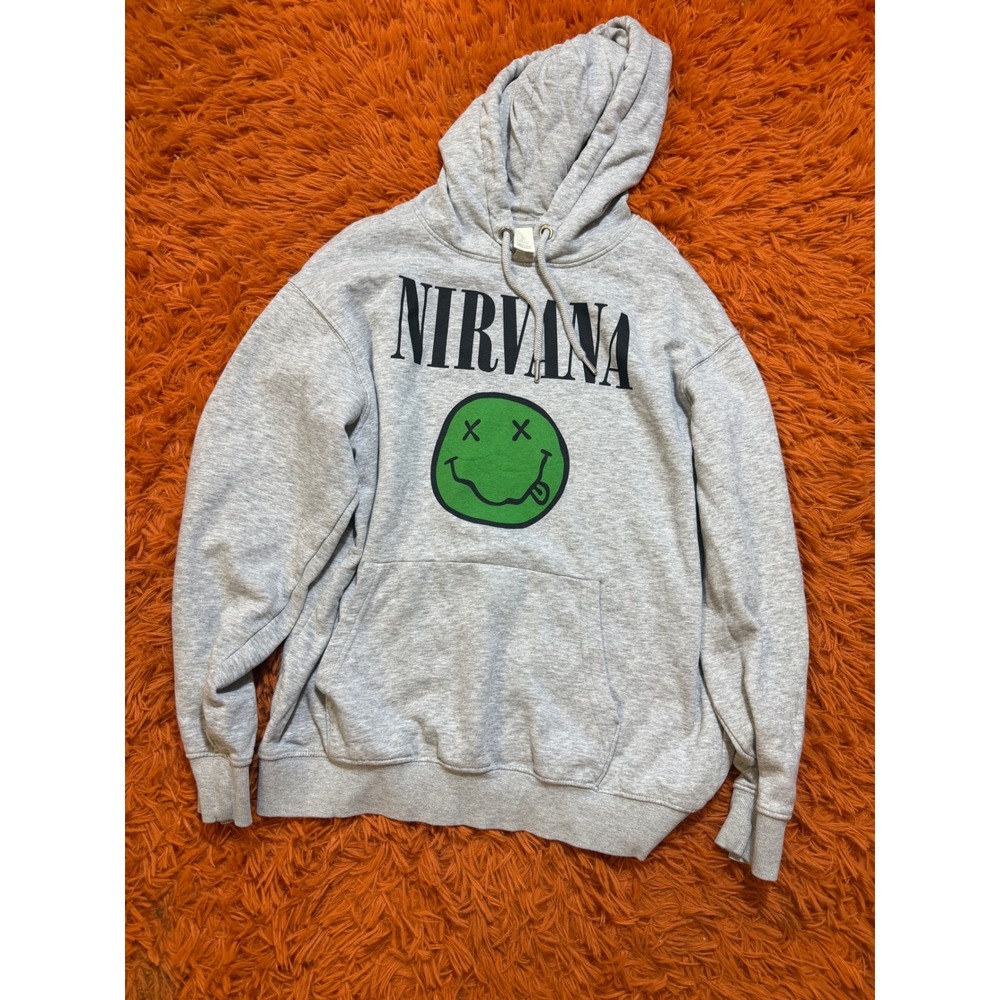 HM Nirvana Smiley Face Graphic Hoodie Mens Small Gray Long Sleeve Sweatshirt